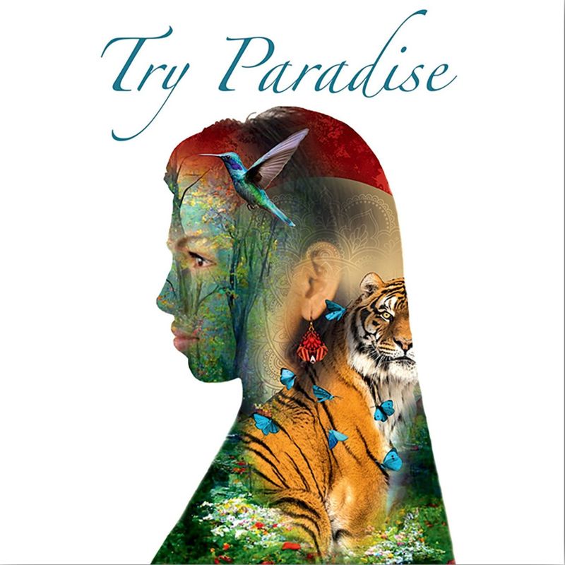 Pochette de l’album Try Paradise : silhouette de profil peuplée de jungle, d’un tigre et d’oiseaux